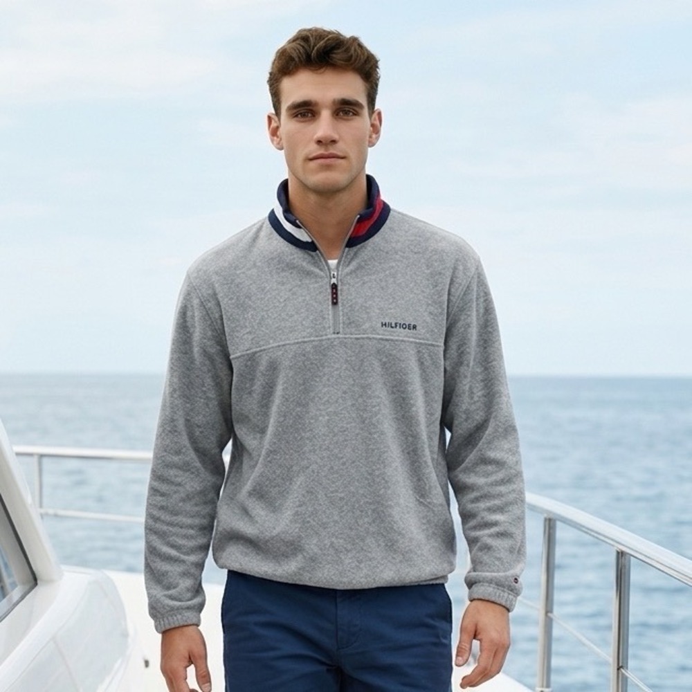 Tommy Hilfiger Mens Vintage Quarter‎ Zip Fleece Pullover Gray Large Colorblock